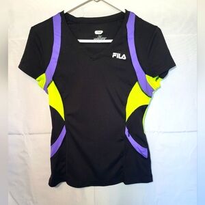 Fila sport Womens S  Black Athletic  V Neck Sport Jersey T Shirt Neon Zip